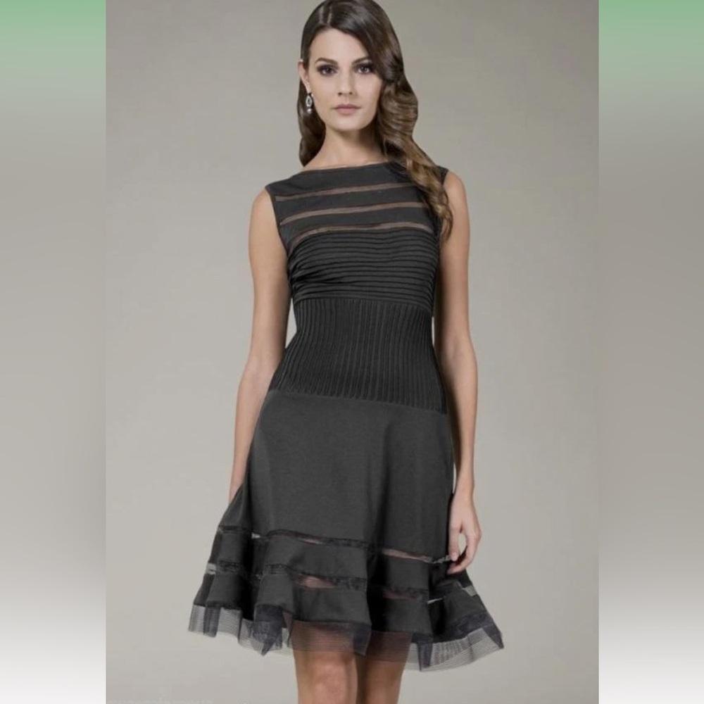 Tadashi Shoji Black Illusion Mesh Stripe Sleeveless Cocktail Dress Size PS